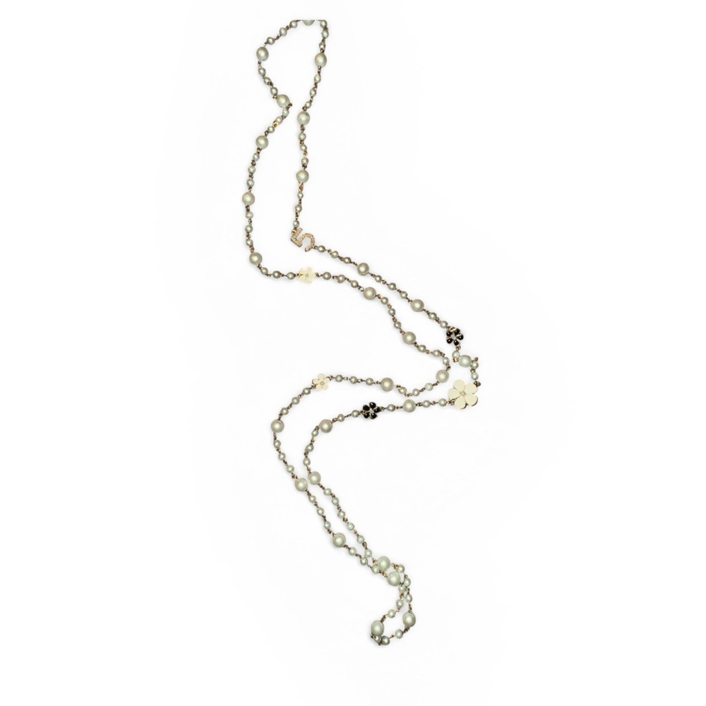 Delicate Pearl & Flower Long Necklace - Gold Tone - Picture 4 of 9